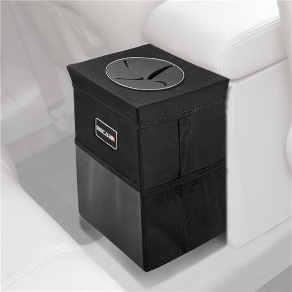 Car Trash Can with Lid - Car Trash Bag Hanging with Storage Pockets Collapsible - Picture 1 of 7